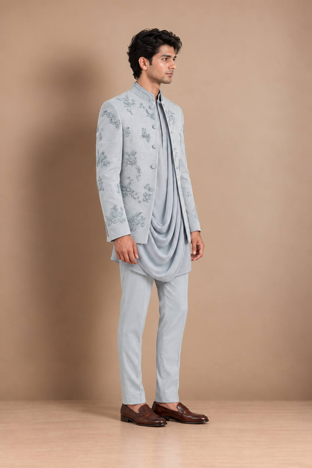 The Powder Bloom Bandhgala Ensemble - Powder Blue (3 Piece)